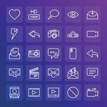 Modern Simple Set of chat and messenger, video, photos, email Vector outline Icons. ..Contains such Icons as  lightning,  button, movie and more on gradient background. Fully Editable. Pixel Perfect.