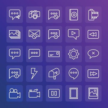 Modern Simple Set of chat and messenger, video, photos, email Vector outline Icons. ..Contains such Icons as  sms,  compact,  picture and more on gradient background. Fully Editable. Pixel Perfect.