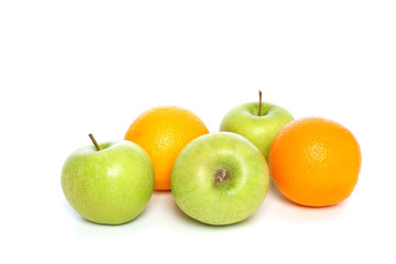 Apple and orange on a white background