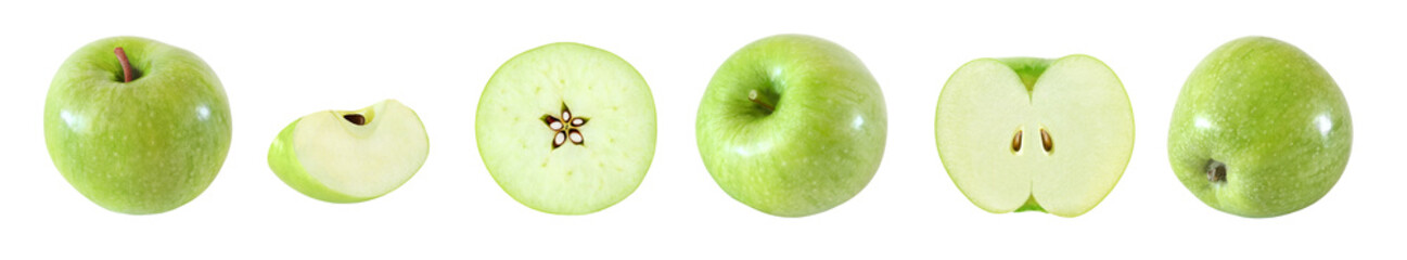 set of whole and cut in half green apple isolated on white background with clipping path