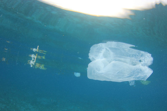Plastic bags, straws, bottles and cups dumped into ocean, polluting the sea    