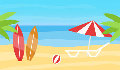 Beach scene with palm tree and umbrella. Flat vector illystration.