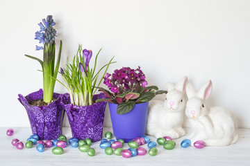 Ceramic bunnies, foil covered chocolate Easter eggs, potted hyacinth, crocus and African violet on a white wood surface with a white canvas backdrop with plenty of copy space