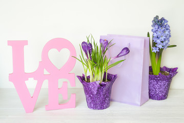 Pink handmade love word with potted crocus and purple gift bag for Valentine's Day