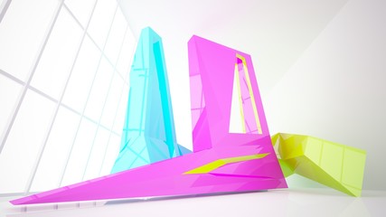 Abstract white and colored gradient  interior multilevel public space with window. 3D illustration and rendering.