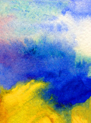 Watercolor abstract bright colorful textural background handmade . Painting of clouds and sky during sunset .  Modern sky scape.