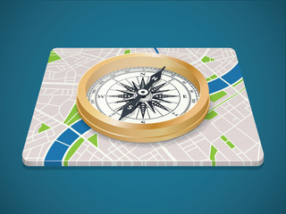 Copper Compass On Map Of City. Flat Travel Isometric Icon.