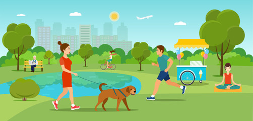 Girl is walking with a dog. Grandfather sitting on the bench and reading newspaper Young man running  and girl riding a bicycle in the park. Vector flat illustration