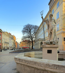Lviv, Ukraine - historic city center, Old Town quarter and Market Square with Neptune Statue in...