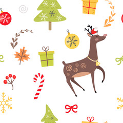 Seamless Pattern with Reindeer, Christmas Candies
