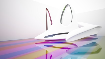 Abstract white and colored gradient glasses interior multilevel public space with window. 3D illustration and rendering.