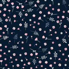 Ditsy vector seamless pattern with small pink flowers and leaves on dark background. Floral print for fabric, textile, wallpaper.