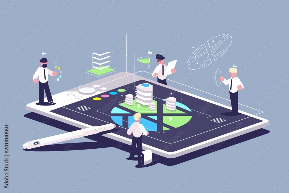Poster create graphic design building using tablet