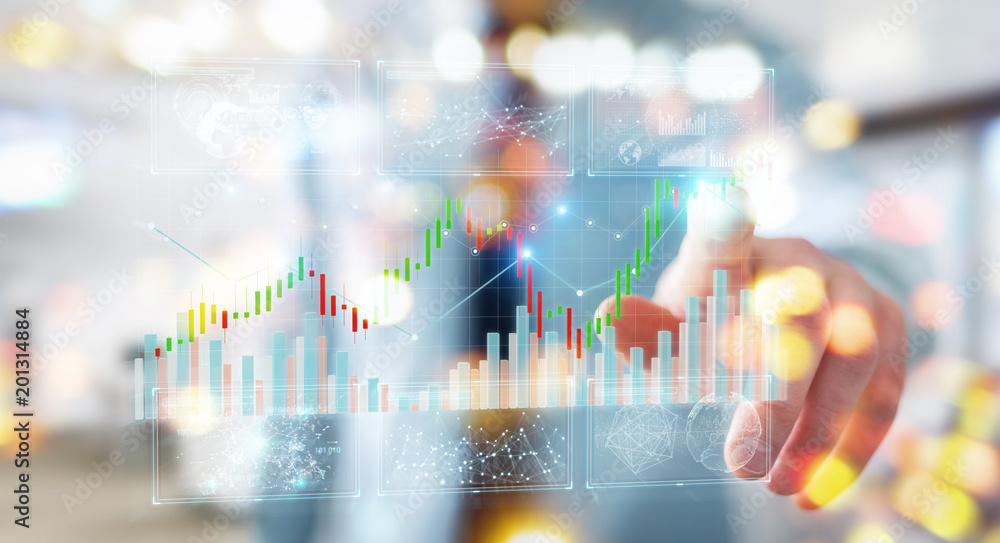 Poster Businessman using 3D rendering stock exchange datas and charts