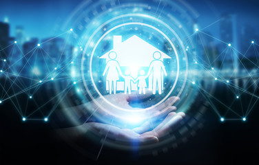 Businesswoman using family care insurance application 3D rendering