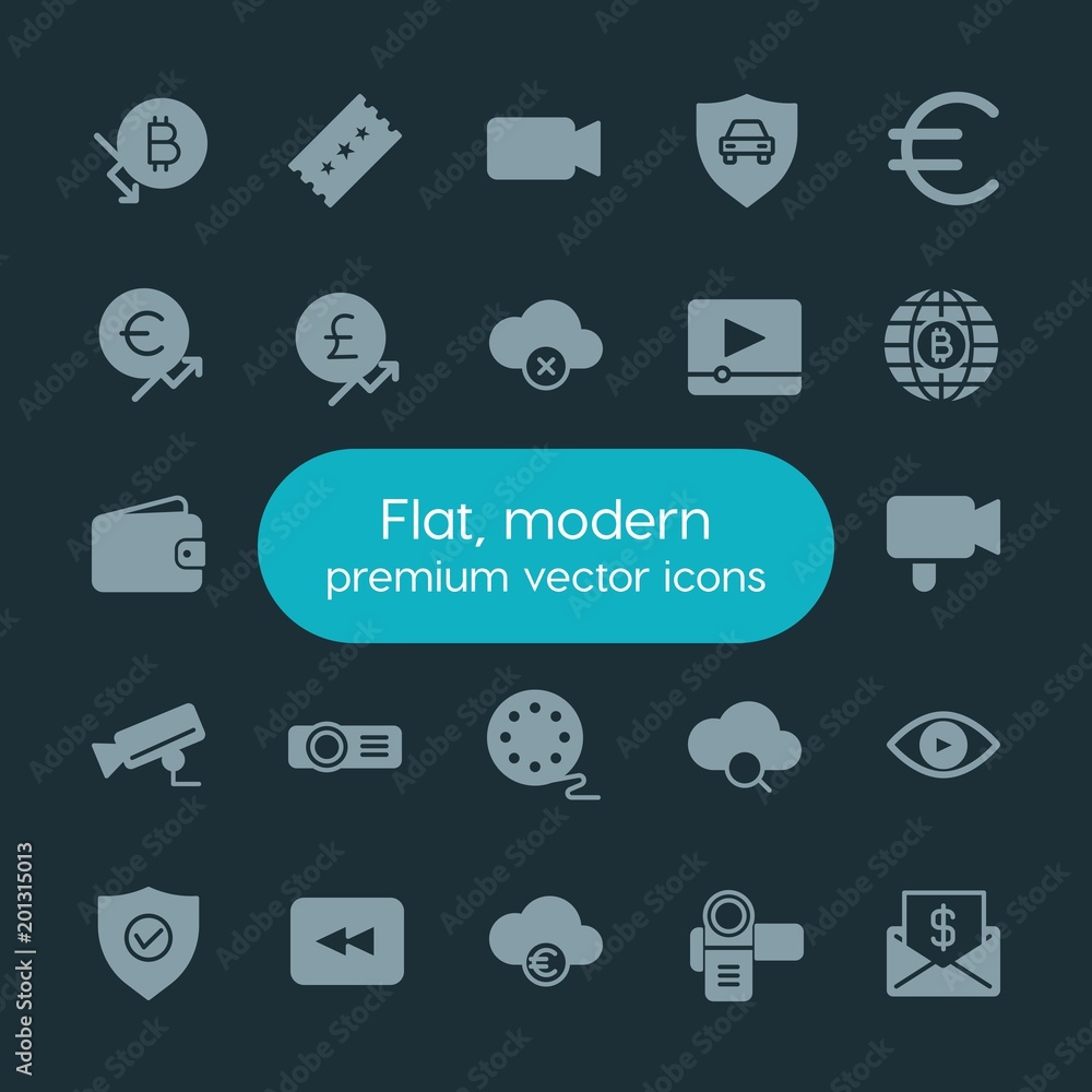 Poster modern simple set of money, cloud and networking, security, video vector fill icons. ..contains such