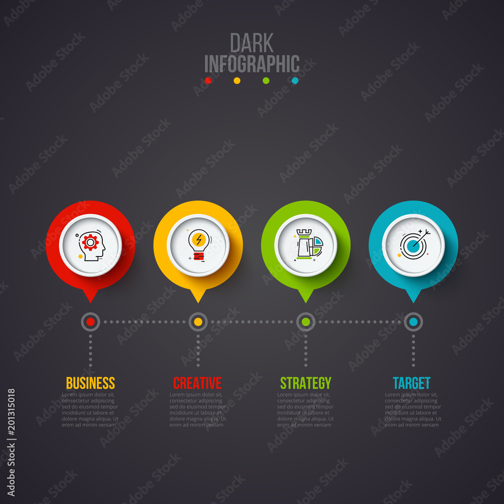 Poster Creative concept for dark infographic. Business data visualization. Abstract circle elements of graph, diagram with 4 steps, options, parts or processes. Vector business template for presentation.