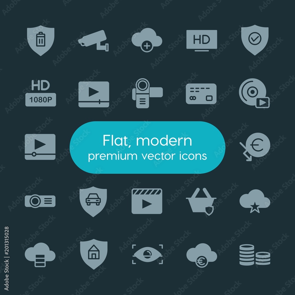 Poster modern simple set of money, cloud and networking, security, video vector fill icons. ..contains such