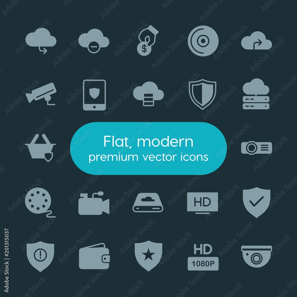 Poster modern simple set of money, cloud and networking, security, video vector fill icons. ..contains such