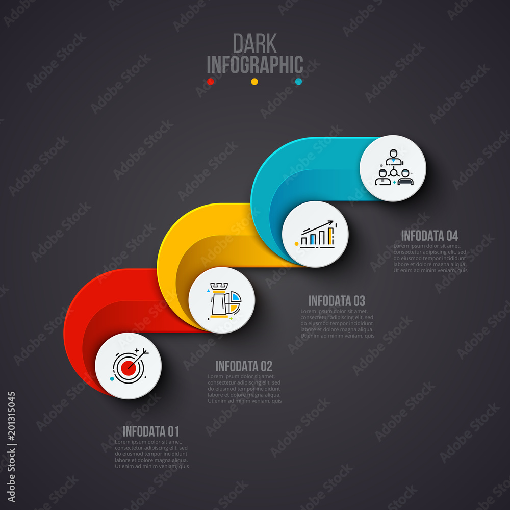 Poster Creative concept for dark infographic. Business data visualization. Abstract circle elements of graph, diagram with 4 steps, options, parts or processes. Vector business template for presentation.