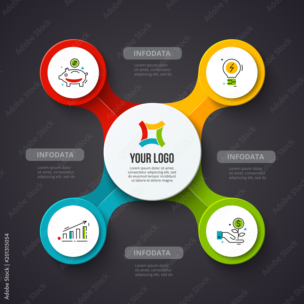 Poster Creative concept for dark infographic. Business data visualization. Abstract circle elements of graph, diagram with 4 steps, options, parts or processes. Vector business template for presentation.
