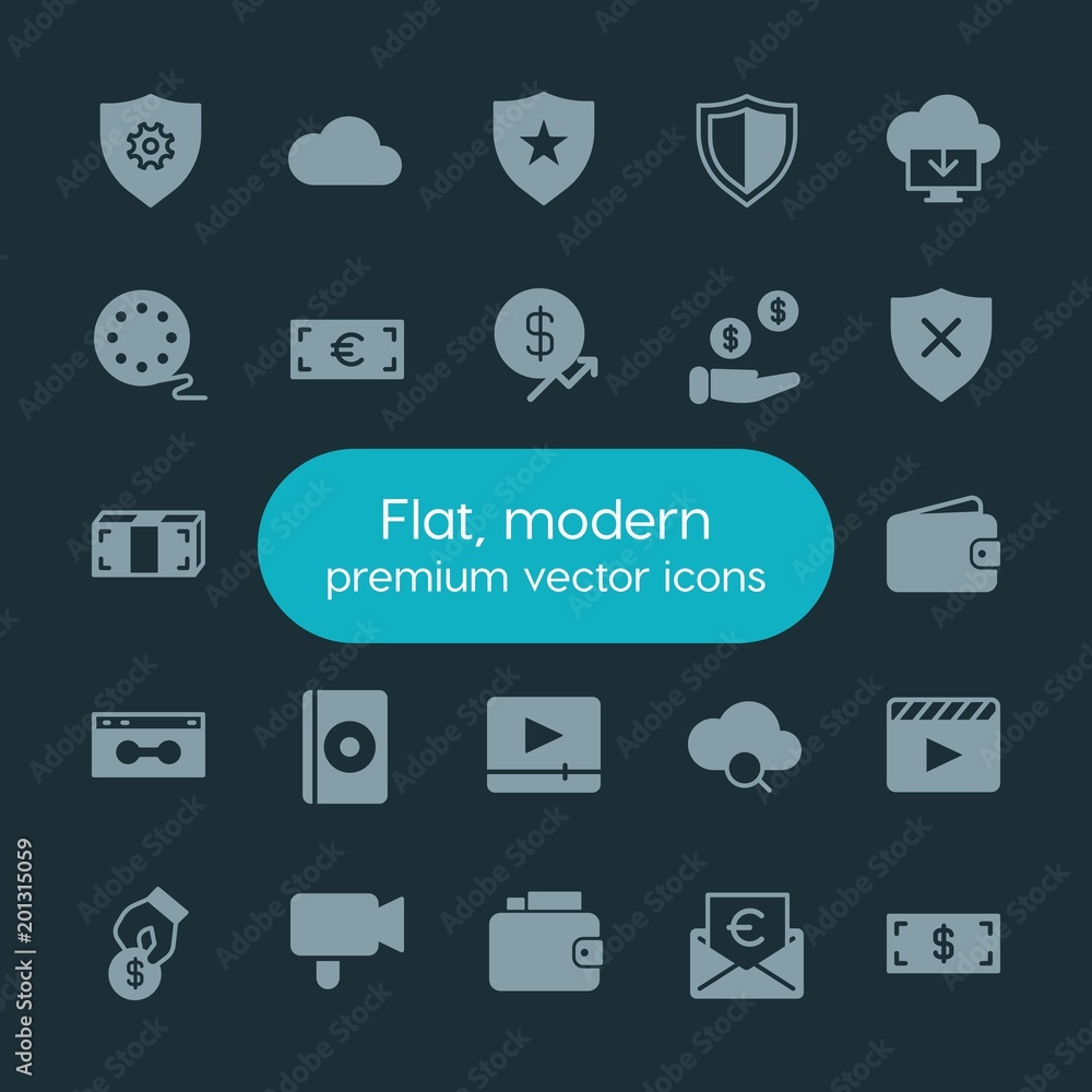 Poster modern simple set of money, cloud and networking, security, video vector fill icons. ..contains such