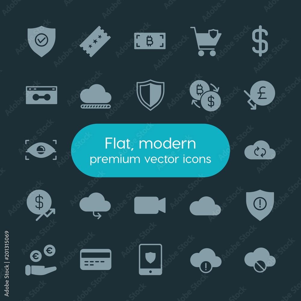 Poster modern simple set of money, cloud and networking, security, video vector fill icons. ..contains such