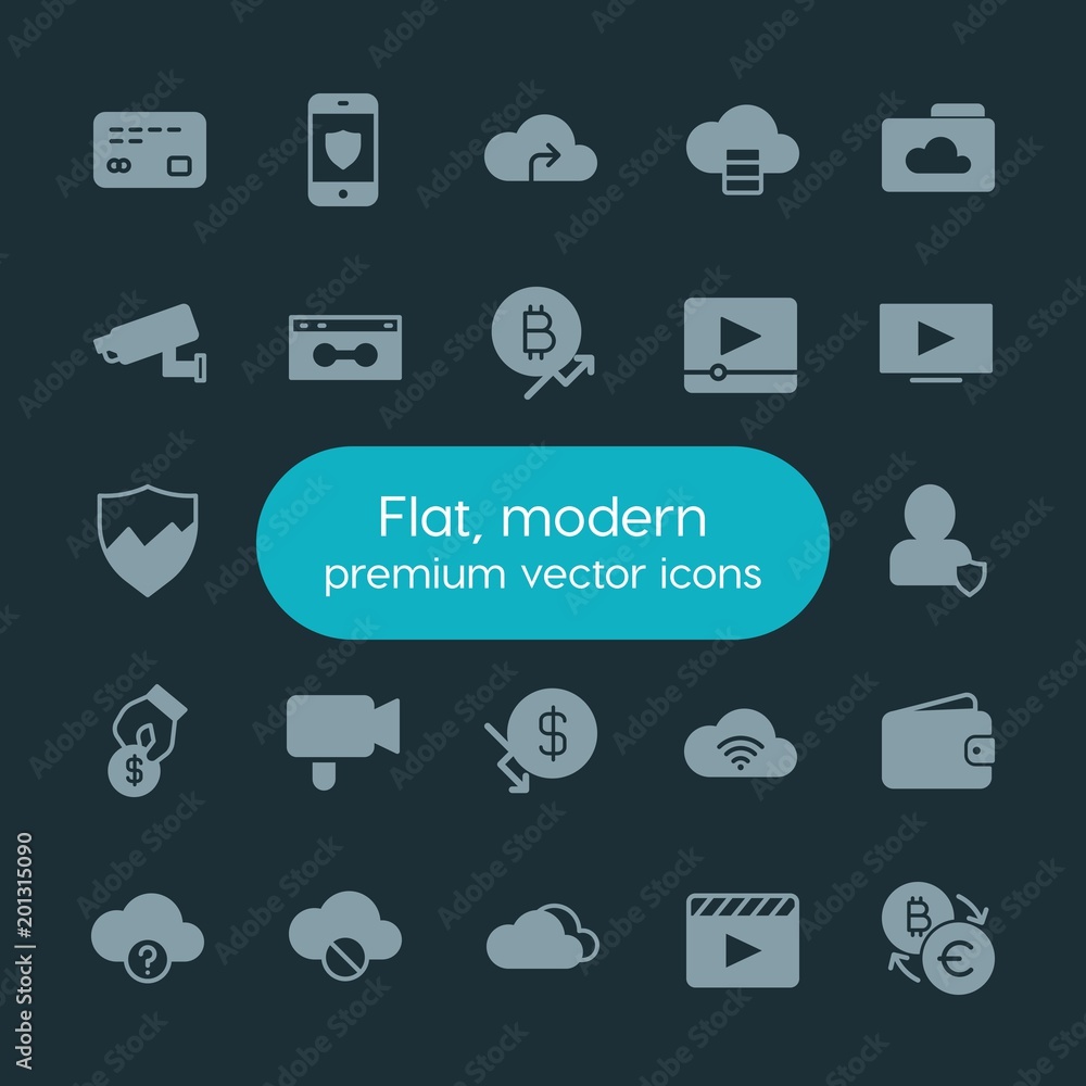 Poster modern simple set of money, cloud and networking, security, video vector fill icons. ..contains such