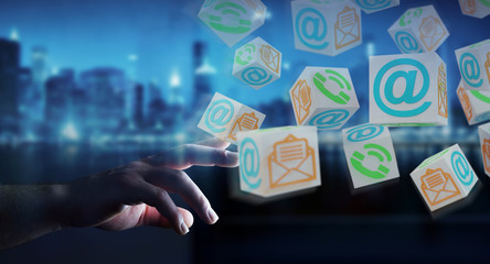 Businessman using floating cube contact 3D rendering