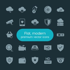 Modern Simple Set of money, cloud and networking, security, video Vector fill Icons. ..Contains such Icons as security,  star,  travel,  usd and more on dark background. Fully Editable. Pixel Perfect.