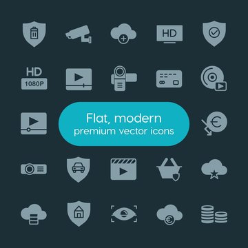 Modern Simple Set of money, cloud and networking, security, video Vector fill Icons. ..Contains such Icons as  video, database, money,  web and more on dark background. Fully Editable. Pixel Perfect.