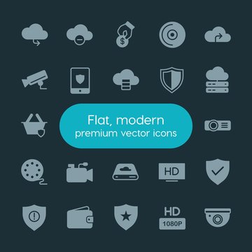 Modern Simple Set of money, cloud and networking, security, video Vector fill Icons. ..Contains such Icons as security,  star,  travel,  usd and more on dark background. Fully Editable. Pixel Perfect.