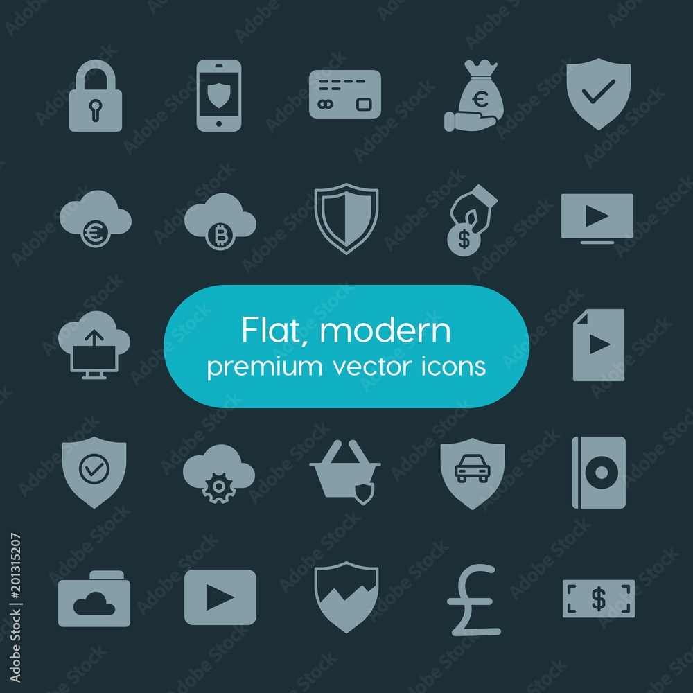 Poster modern simple set of money, cloud and networking, security, video vector fill icons. ..contains such