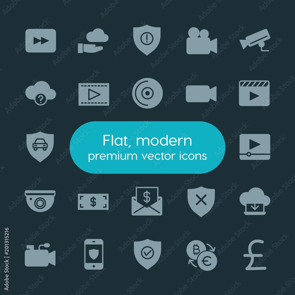 Poster modern simple set of money, cloud and networking, security, video vector fill icons. ..contains such