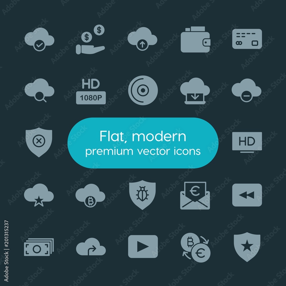 Poster modern simple set of money, cloud and networking, security, video vector fill icons. ..contains such