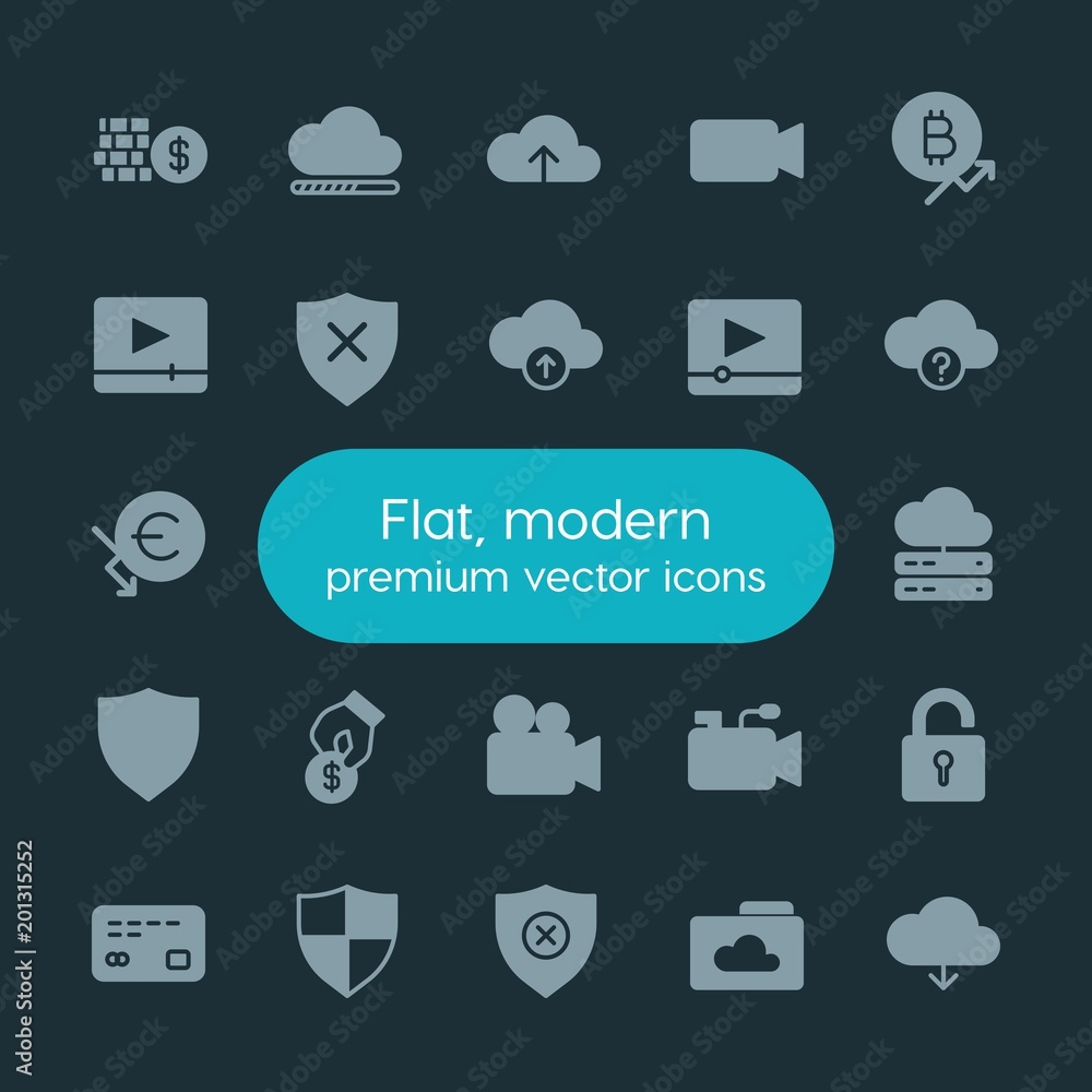 Poster modern simple set of money, cloud and networking, security, video vector fill icons. ..contains such