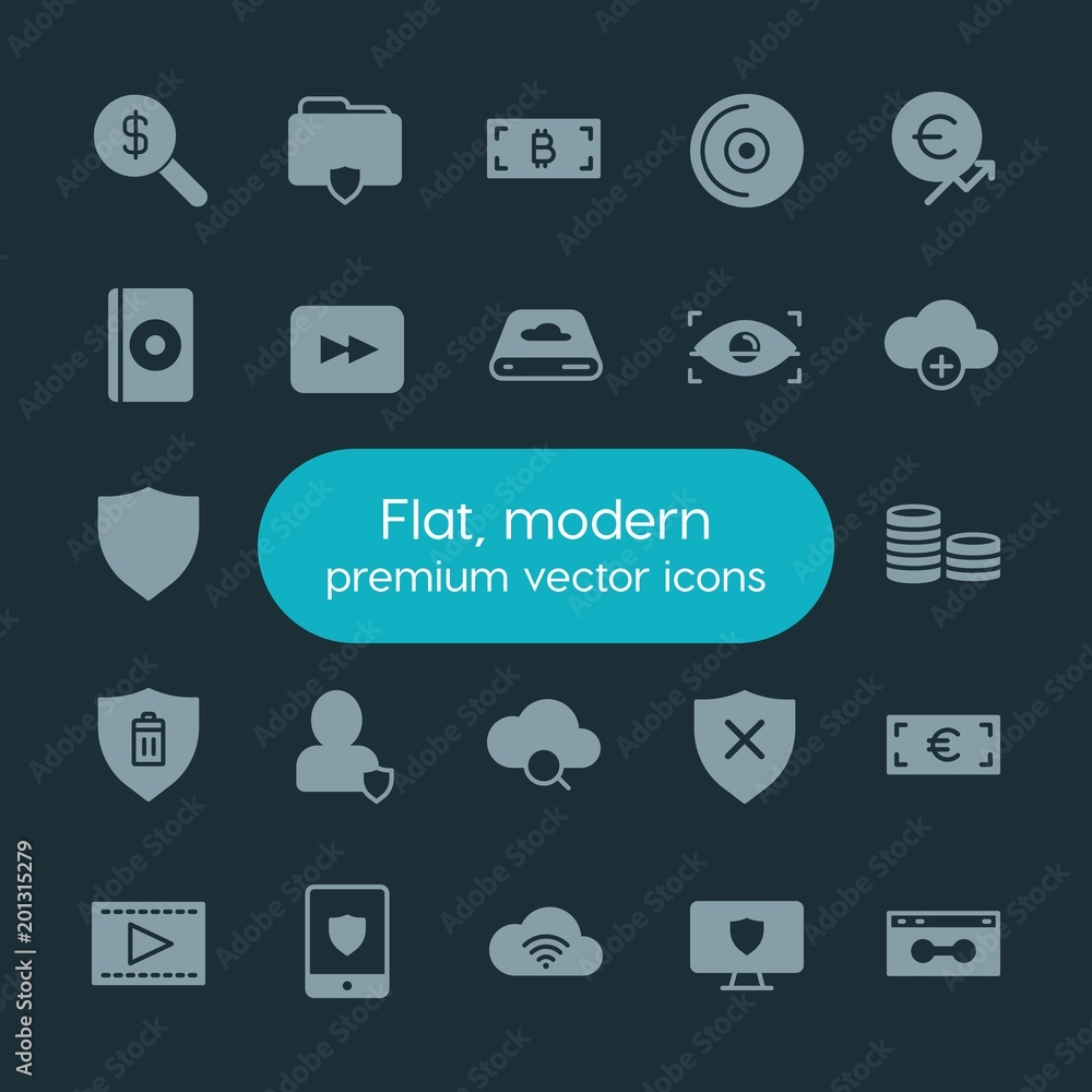 Poster modern simple set of money, cloud and networking, security, video vector fill icons. ..contains such