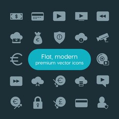 Modern Simple Set of money, cloud and networking, security, video Vector fill Icons. ..Contains such Icons as  icon,  debit,  play,  account and more on dark background. Fully Editable. Pixel Perfect.