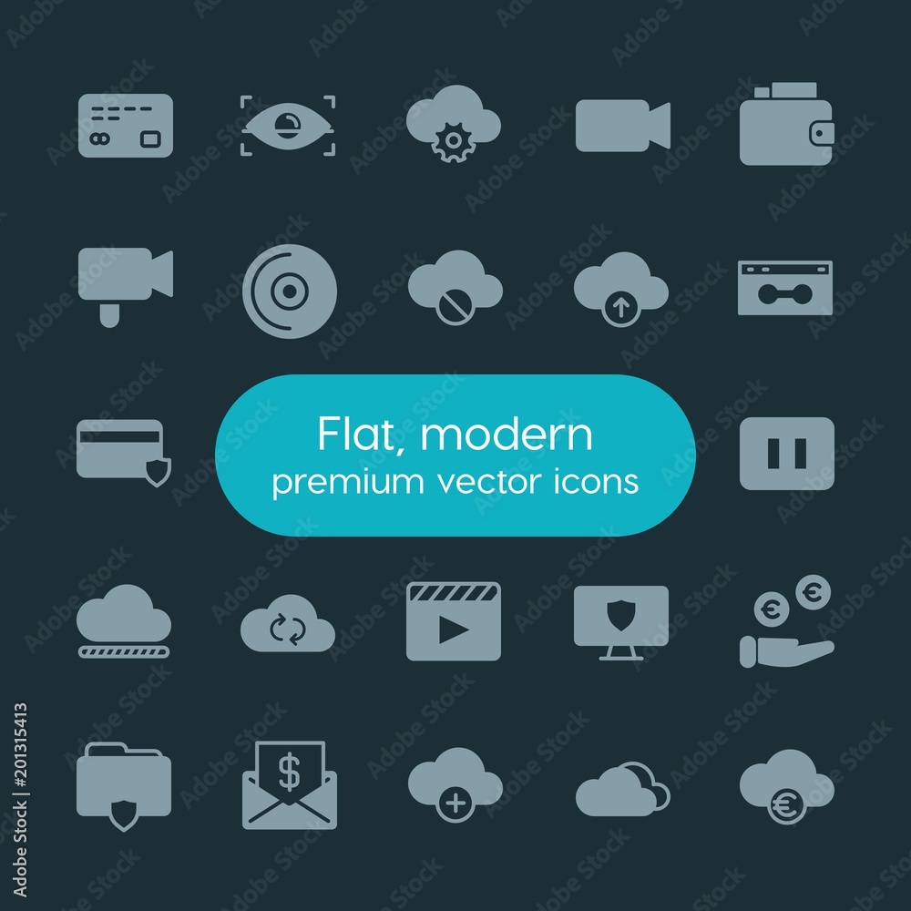 Poster modern simple set of money, cloud and networking, security, video vector fill icons. ..contains such