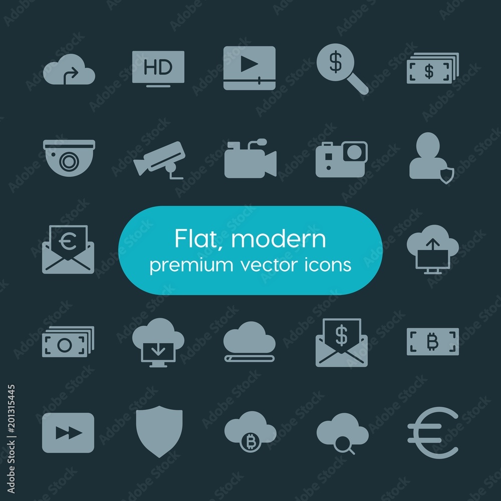 Poster modern simple set of money, cloud and networking, security, video vector fill icons. ..contains such