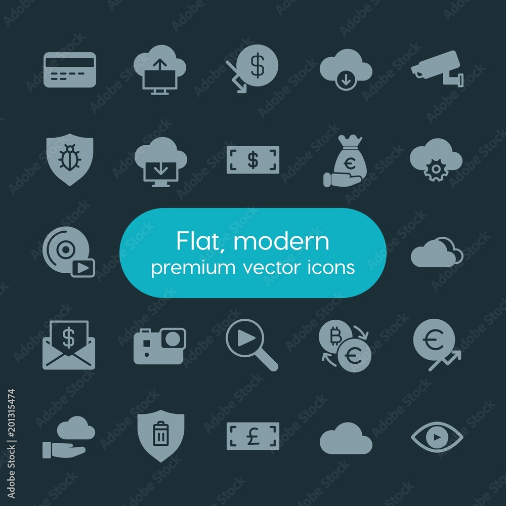 Poster modern simple set of money, cloud and networking, security, video vector fill icons. ..contains such