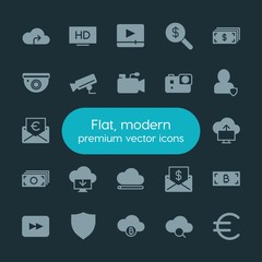 Modern Simple Set of money, cloud and networking, security, video Vector fill Icons. ..Contains such Icons as  concept,  sign,  web, money and more on dark background. Fully Editable. Pixel Perfect.