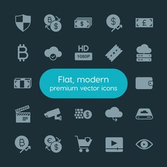 Modern Simple Set of money, cloud and networking, security, video Vector fill Icons. ..Contains such Icons as bitcoin,  isolated,  sign, hd and more on dark background. Fully Editable. Pixel Perfect.