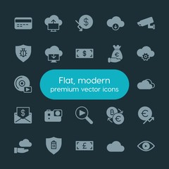 Modern Simple Set of money, cloud and networking, security, video Vector fill Icons. ..Contains such Icons as  currency,  web,  financial and more on dark background. Fully Editable. Pixel Perfect.