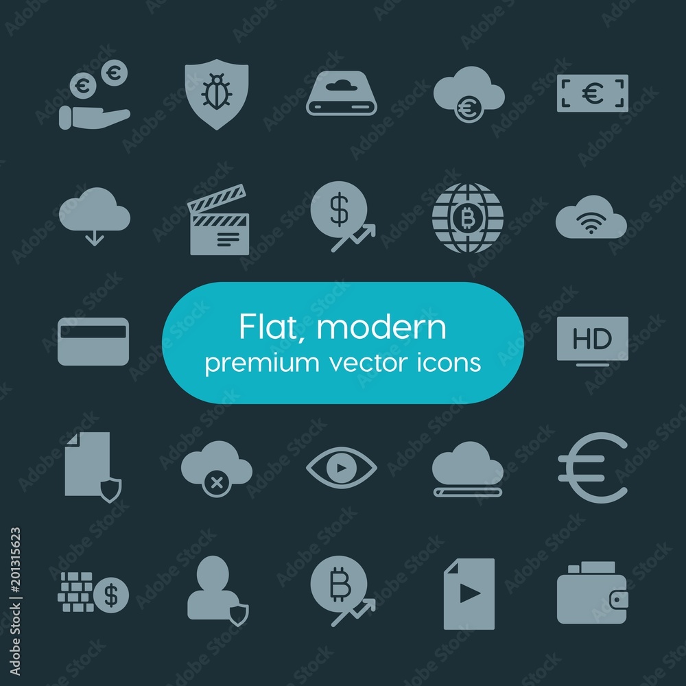 Poster modern simple set of money, cloud and networking, security, video vector fill icons. ..contains such