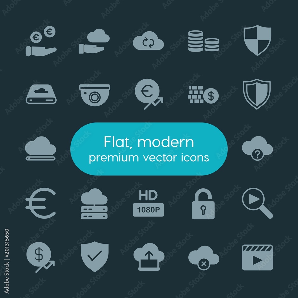 Poster modern simple set of money, cloud and networking, security, video vector fill icons. ..contains such