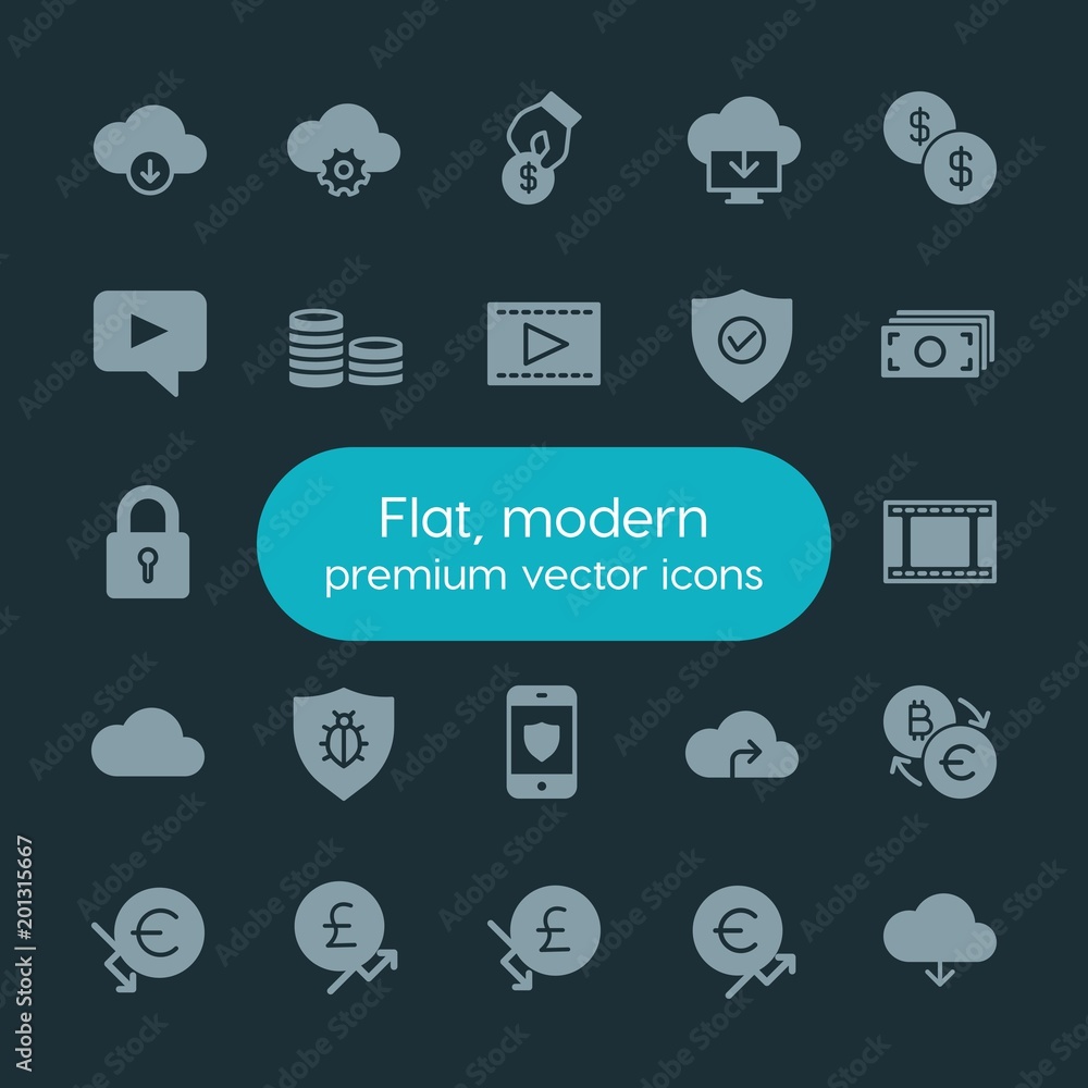 Poster modern simple set of money, cloud and networking, security, video vector fill icons. ..contains such