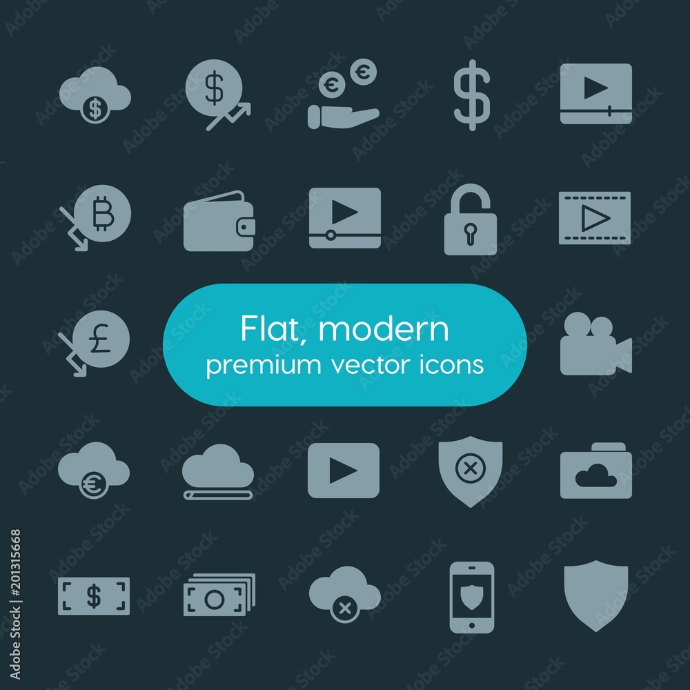 Aufkleber modern simple set of money, cloud and networking, security, video vector fill icons. ..contains such