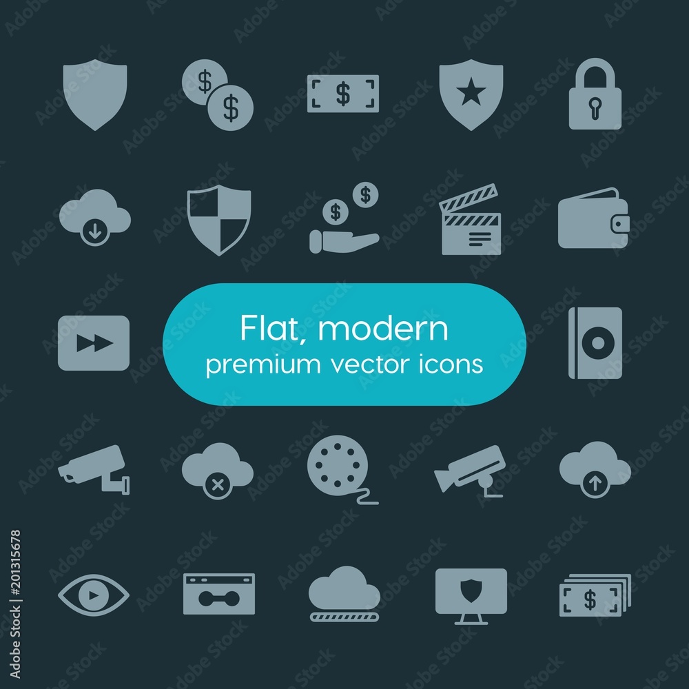 Poster modern simple set of money, cloud and networking, security, video vector fill icons. ..contains such