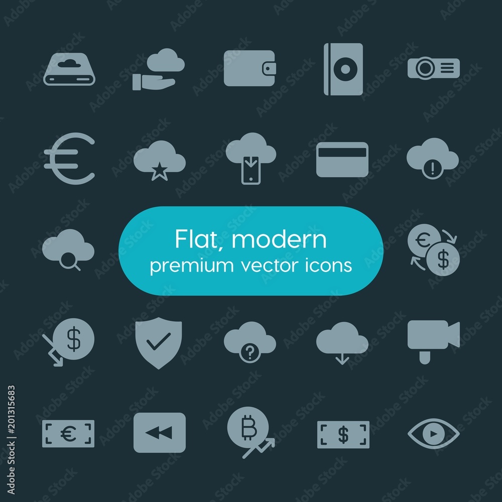 Poster modern simple set of money, cloud and networking, security, video vector fill icons. ..contains such